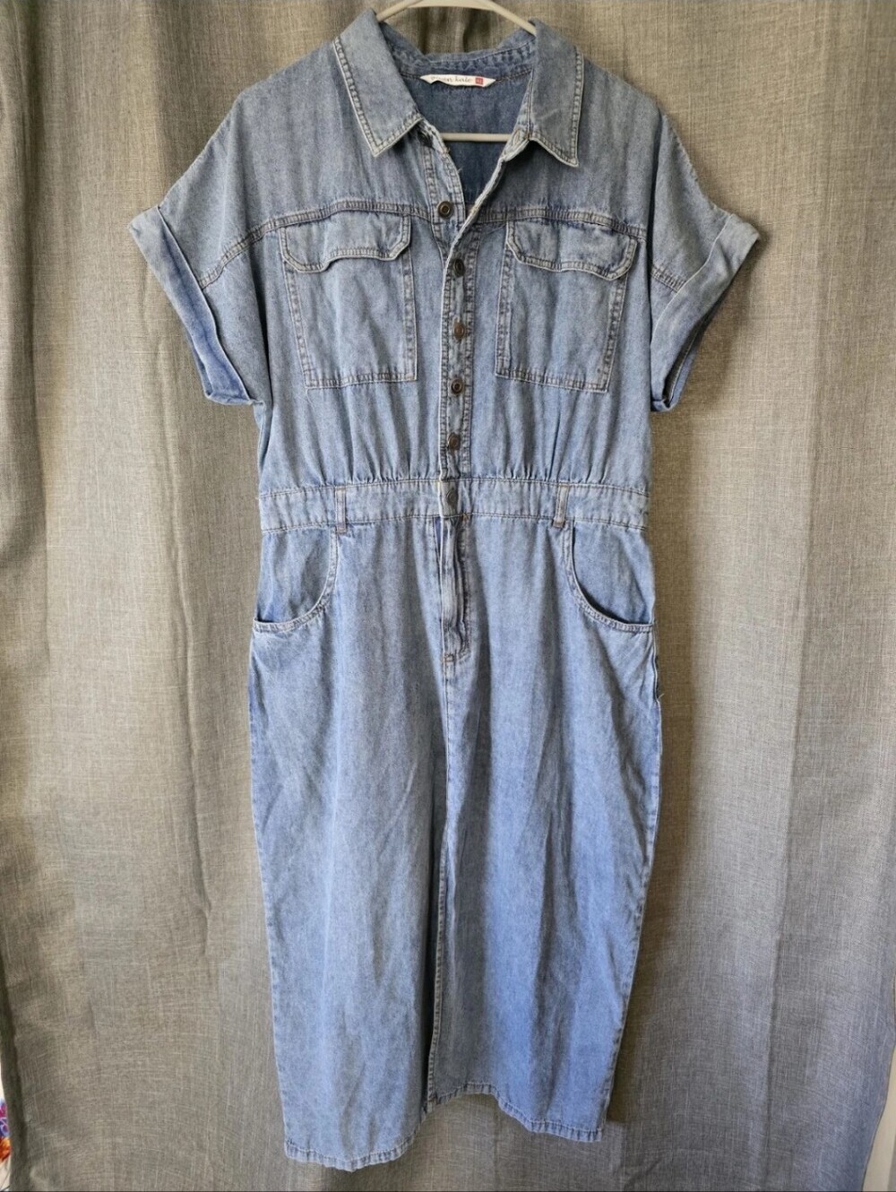 Given Kale Blue Denim Short Sleeve A Line Pencil Midi Dress XL Button Down Slit